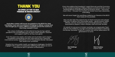 क्रिकेट आस्ट्रेलिया ने सफल द्विपक्षीय सीरीज के लिए बीसीसीआई का आभार जताया